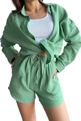 Green Crinkle Long Sleeve Shirt Drawstring Shorts Sets