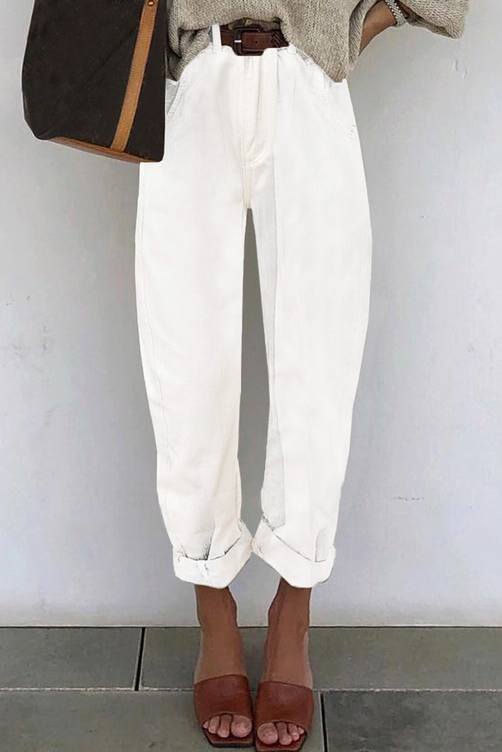 White Solid High Waist Casual Pants