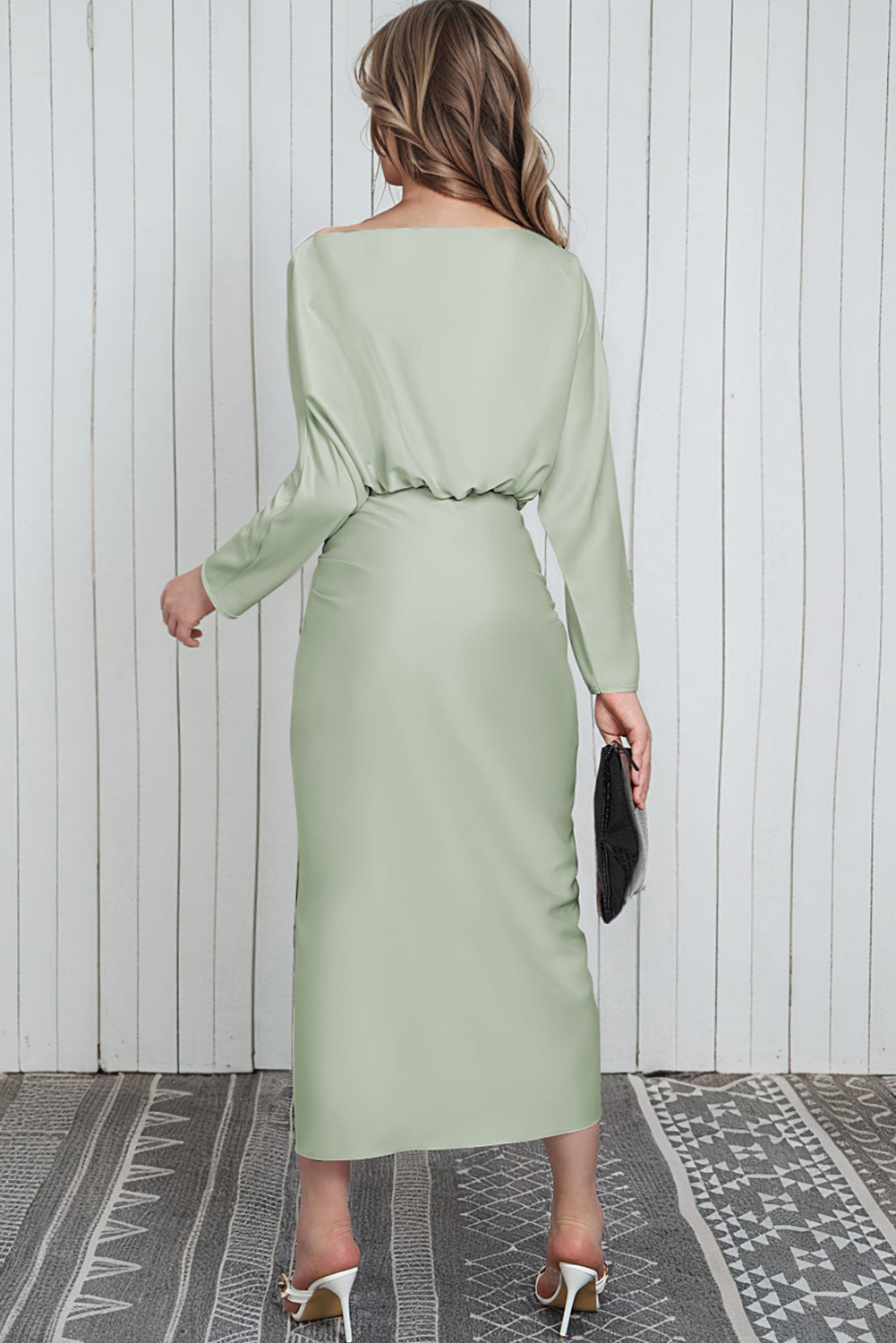 Black Satin Wrap Tie Side Boat Neck Long Sleeve Dress