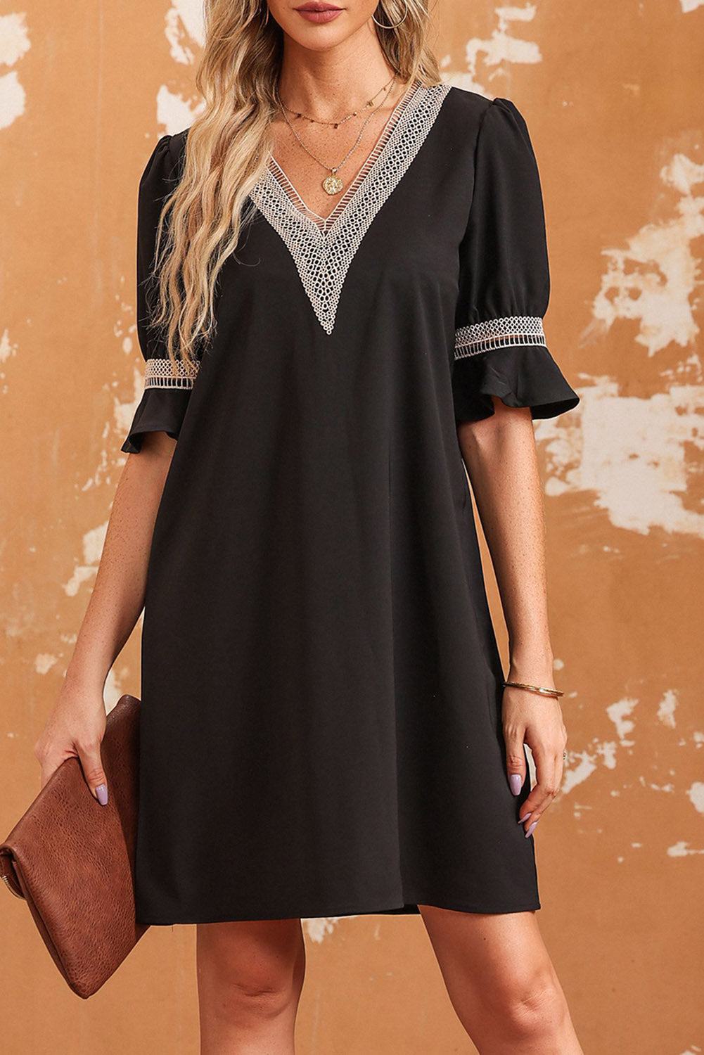 Black Lace Crochet Splicing V Neck Shift Dress