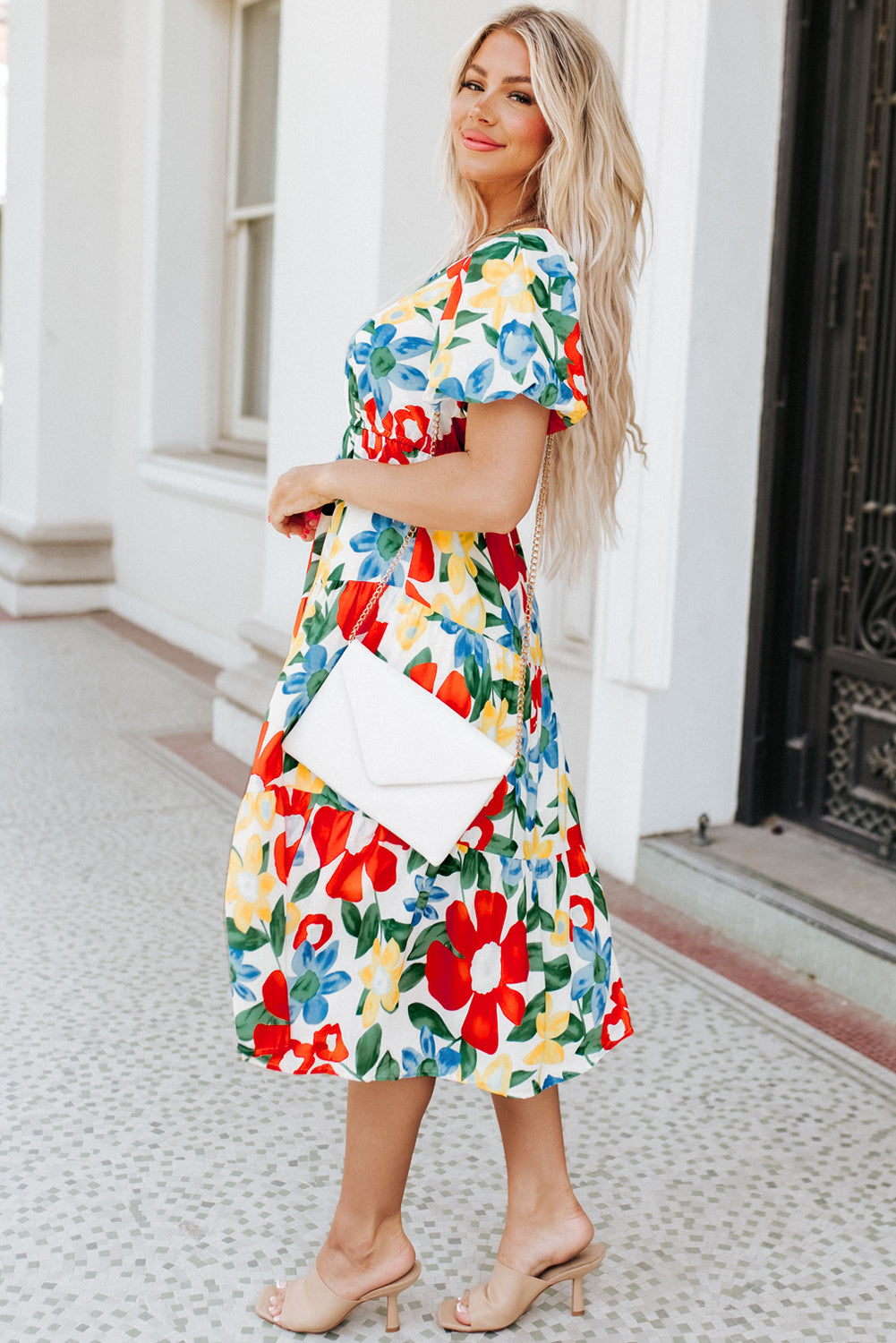 Multicolor Flutter Sleeve V Neck High Waist Floral Midi Dress