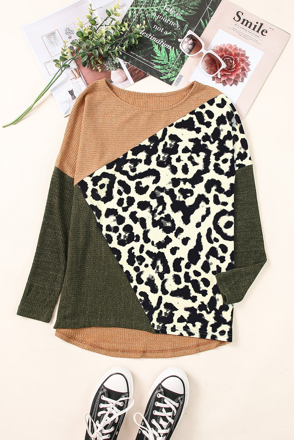 Multicolor Leopard Color Block Long Sleeve Knit Top