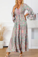 Green Paisley Printed Ruffle Trim Elegant Maxi Dress