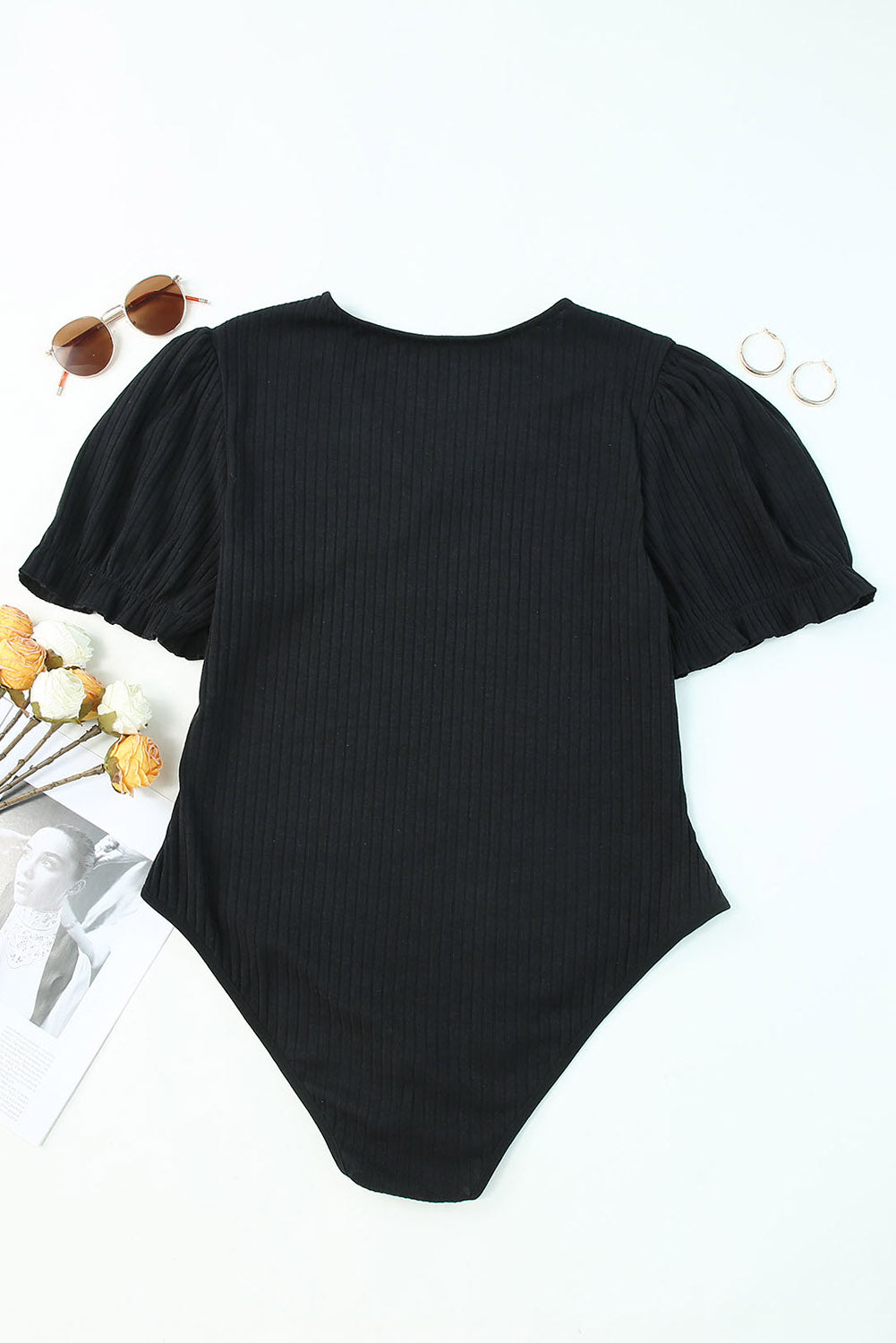 Black Plus Size Ribbed Knit Puff Sleeve Bodysuit