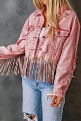 Pink Distressed Fringed Cropped Denim Jacket