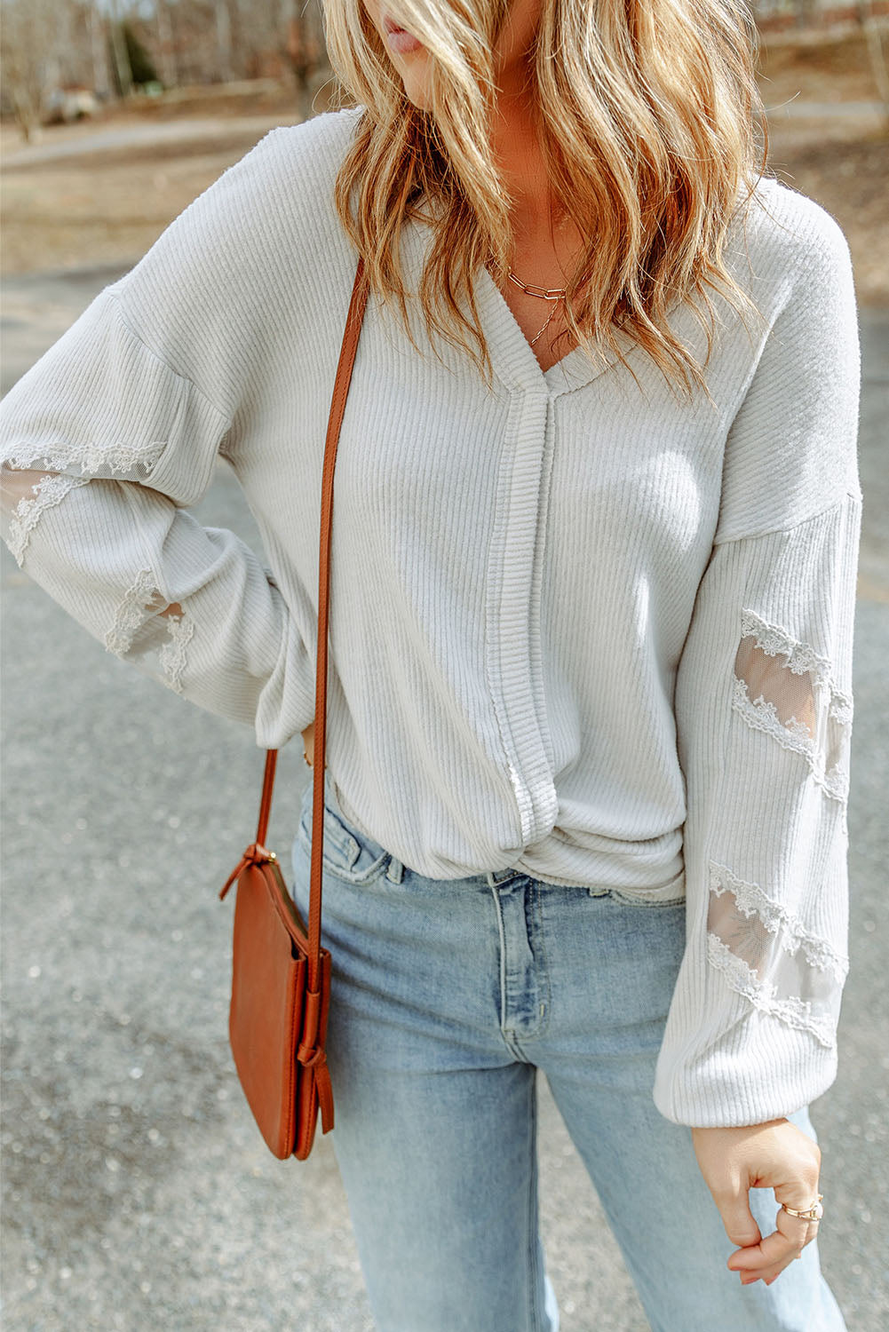 White Lace Patchwork Drop Sleeve Ribbed Casual Top