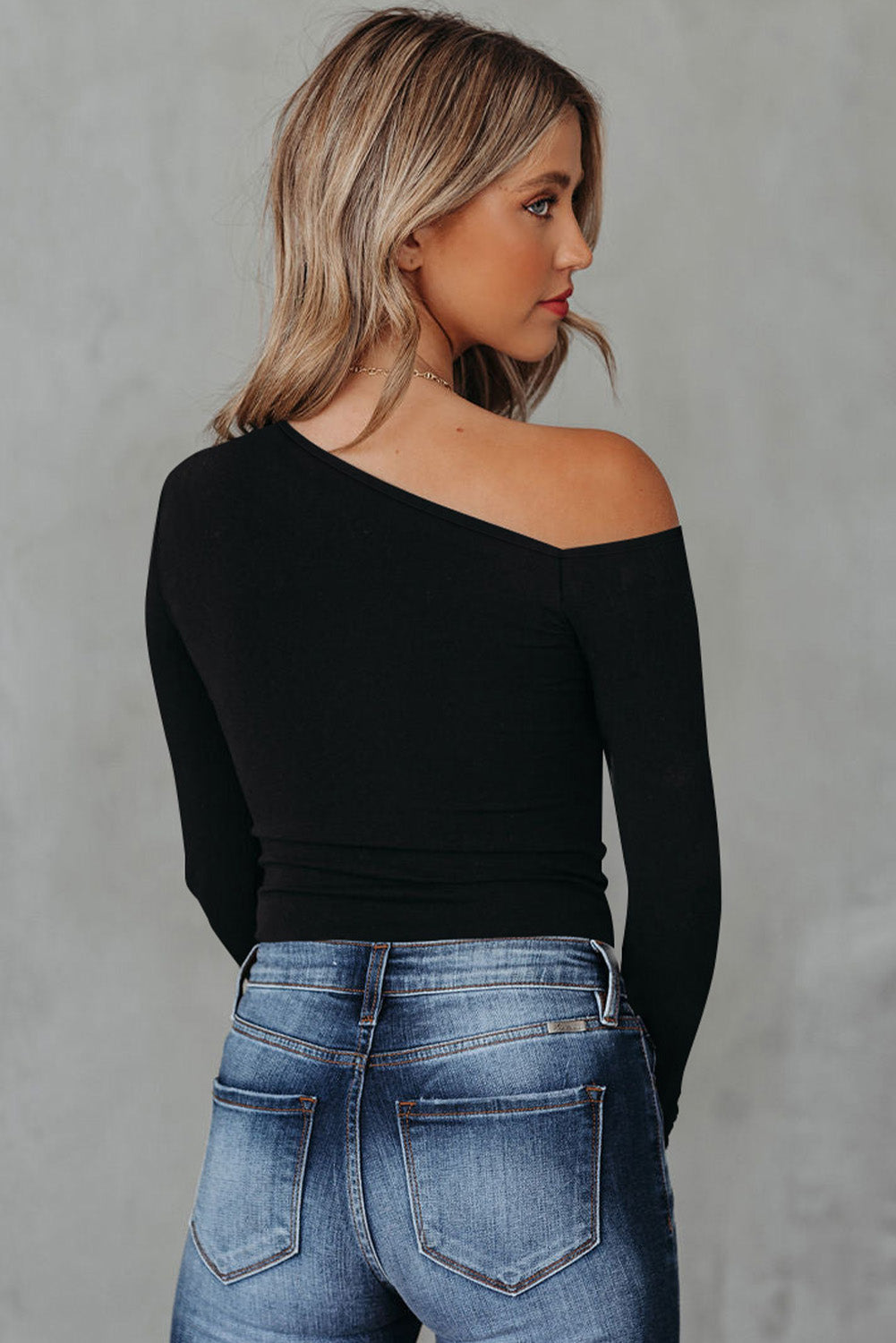 Black Asymmetrical Neckline Long Sleeve Knit Top