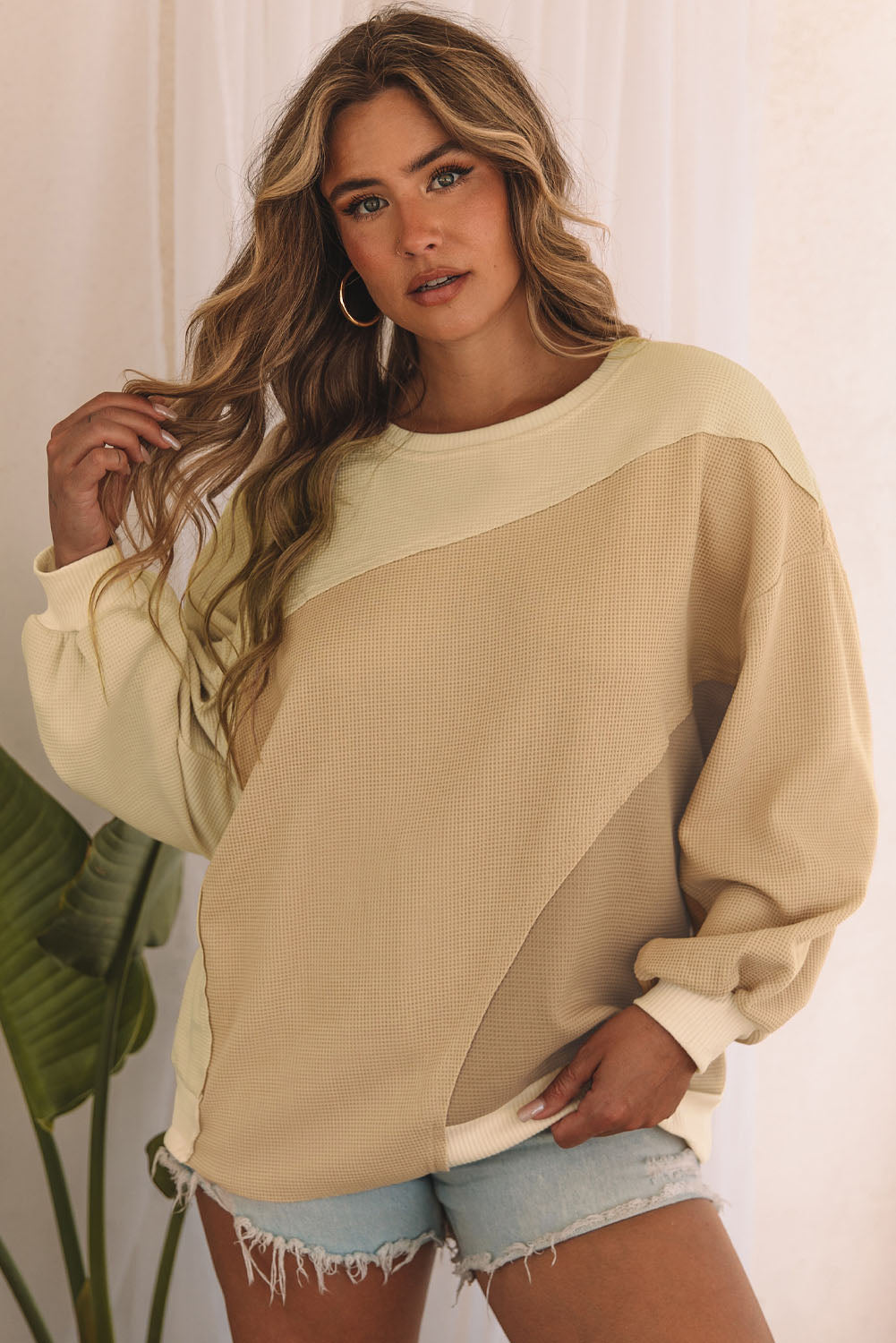 Khaki Irregular Colorblock Patchwork Pullover Sweatshirt
