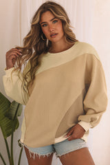 Khaki Irregular Colorblock Patchwork Pullover Sweatshirt