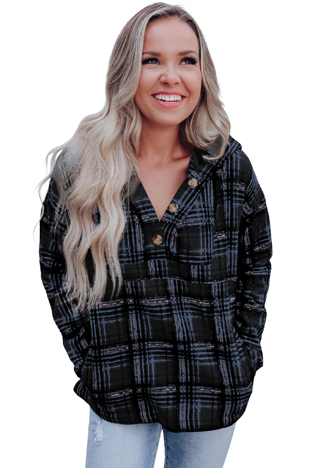 White Plaid Button Neck Pocketed Pullover Hoodie