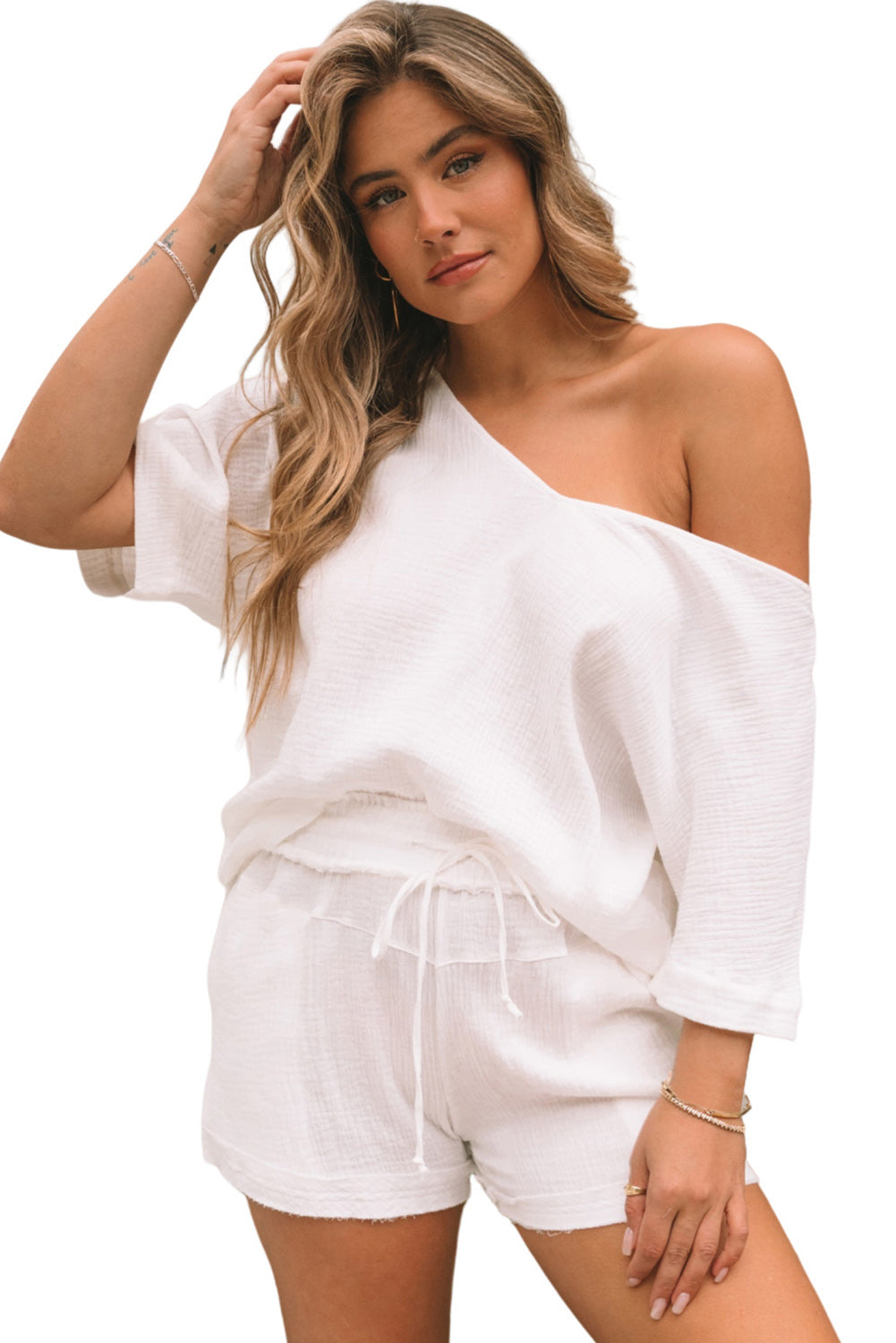 White Relaxed V Neck Blouse and Drawstring Raw Hem Shorts Set