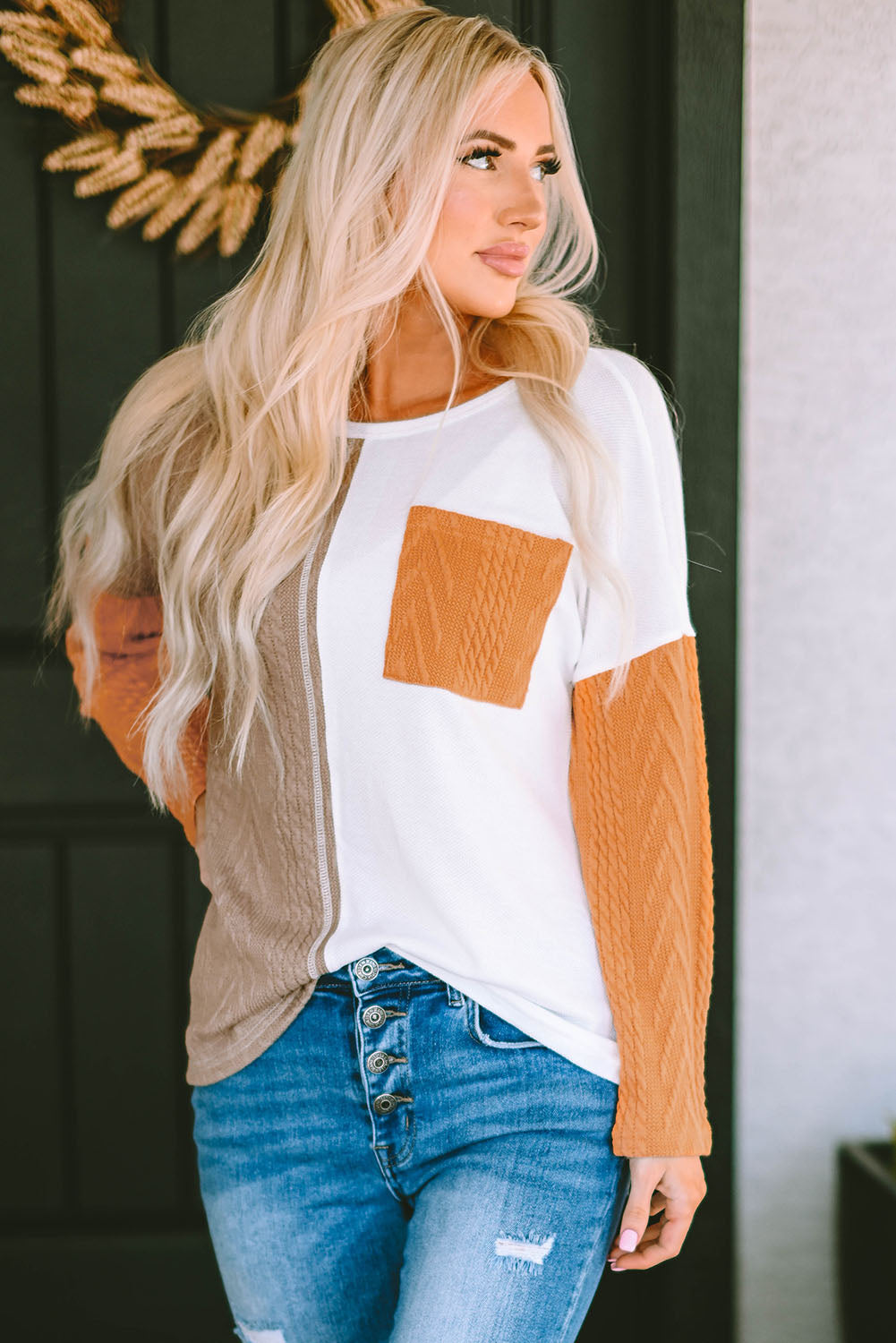 Orange Long Sleeve Colorblock Chest Pocket Textured Knit Top