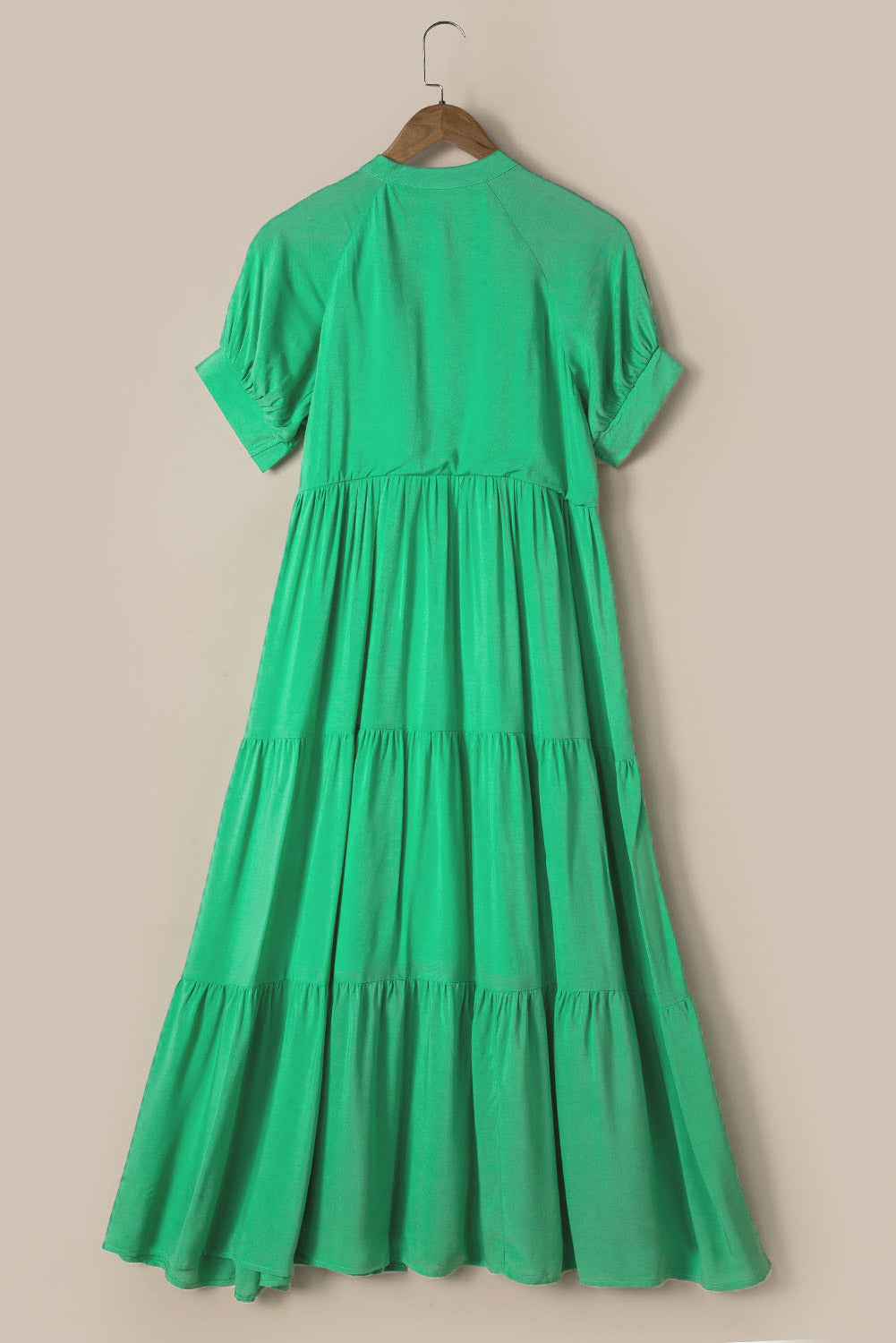 Green Notch V Neck Bubble Sleeve Tiered Maxi Dress