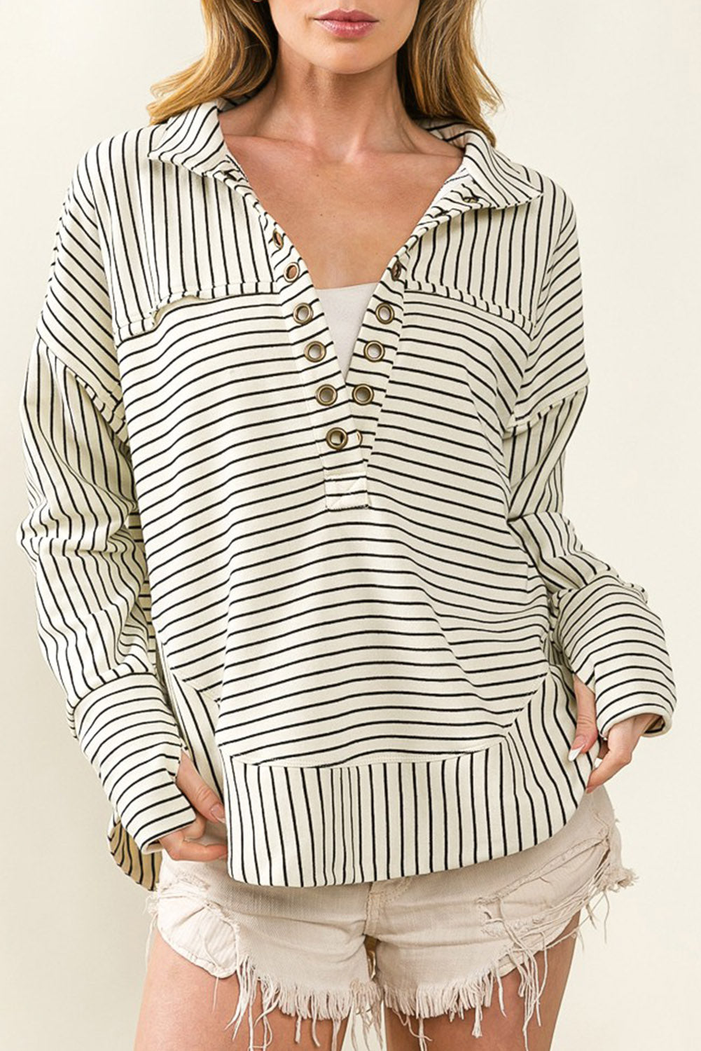 White Striped Thumbhole Drop Shoulder V Neck Top