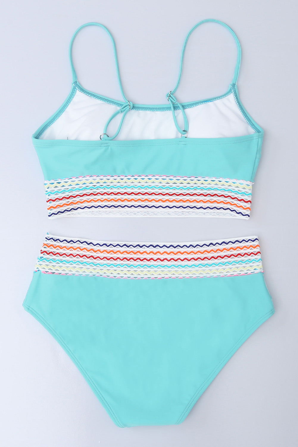 Sky Blue Striped Patchwork Spaghetti Strap High Waist Bikini Swimsuit