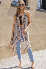 Khaki Western Fashion Print Sleeveless Kimono