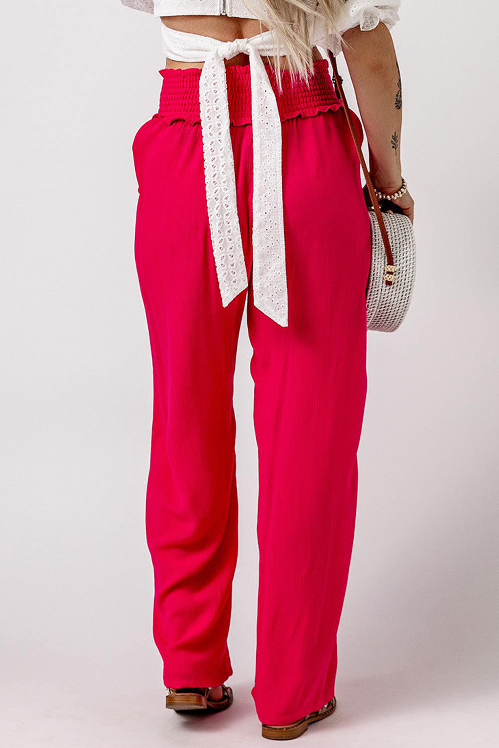 Rose Smocked Elastic Waist Wide Leg Pants