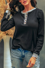 Black Contrast Neckline Ribbed Knit Henley Top