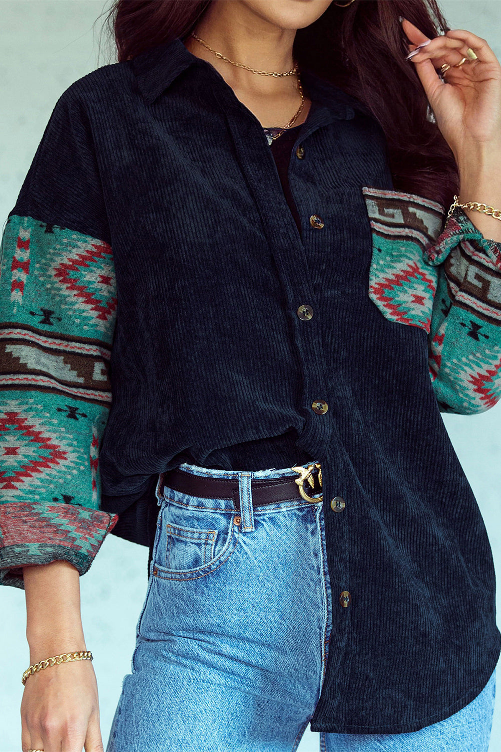 Gray  Aztec Pattern Sleeve Pocketed Corduroy Shacket