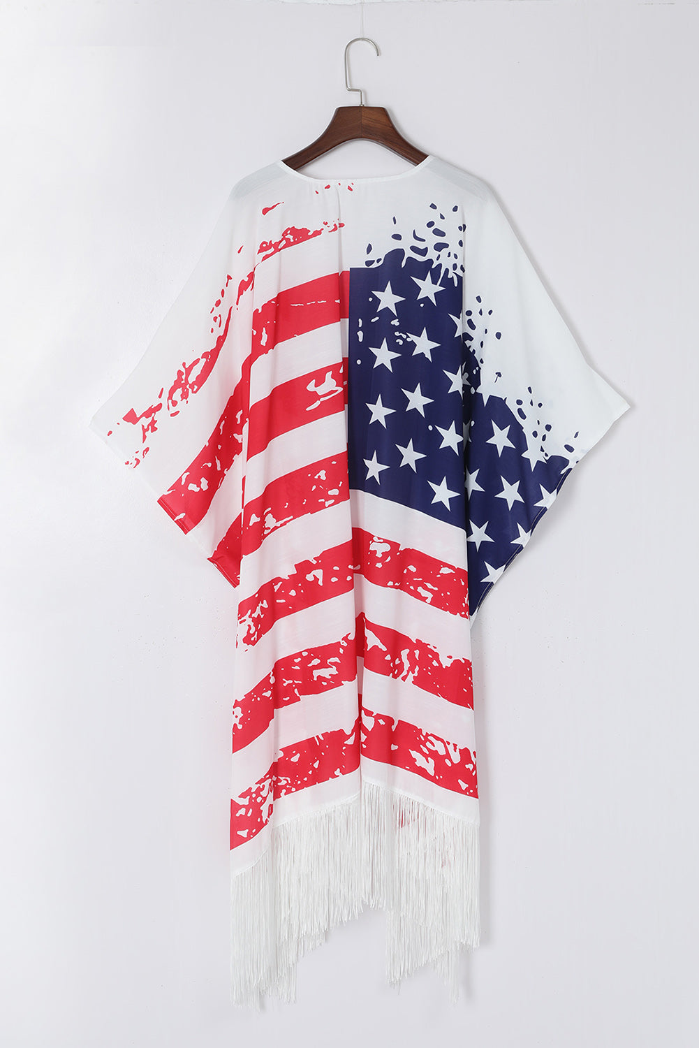 Multicolor Plus Size American Flag Tasseled 3/4 Sleeve Cardigan