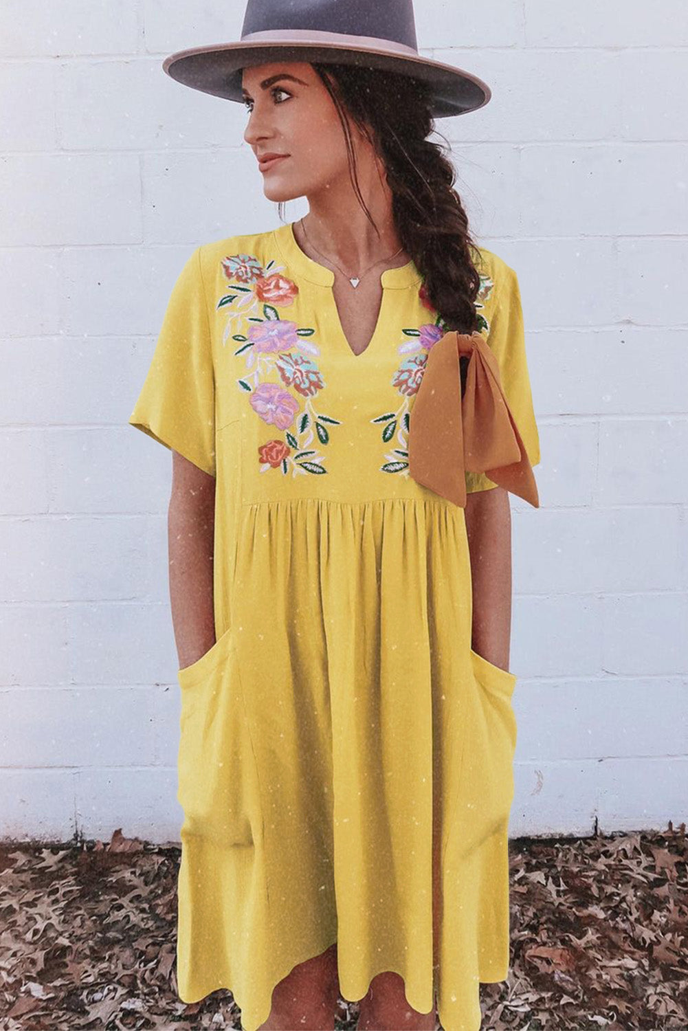 Yellow Split Neck Embroidered Floral Babydoll Swing Dress