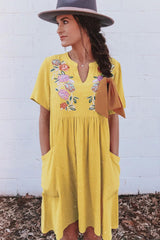 Yellow Split Neck Embroidered Floral Babydoll Swing Dress