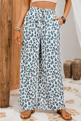 White Leopard Print Pocketed Wide Leg Pants