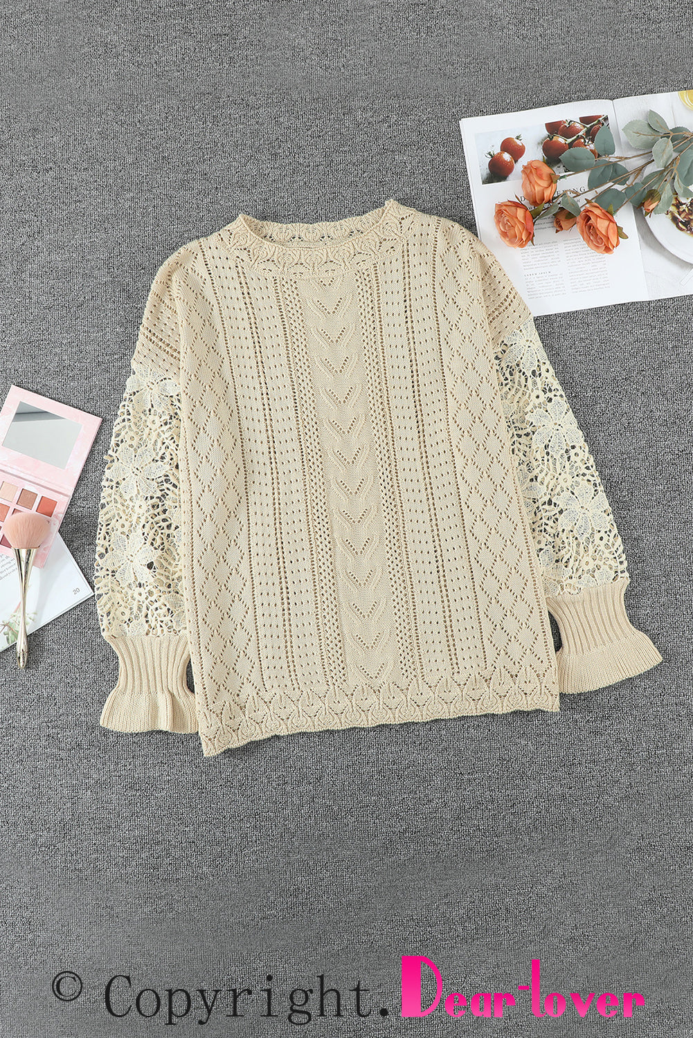 Blue Crochet Lace Pointelle Knit Sweater