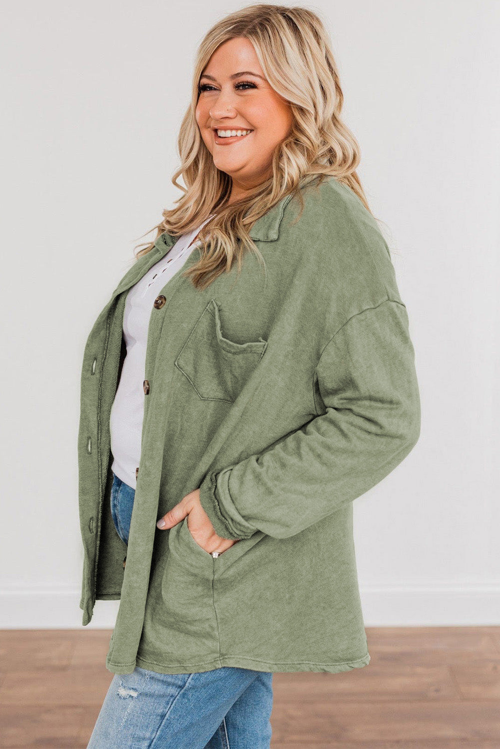 Green Plus Size Buttons Closure Pocketed Shacket