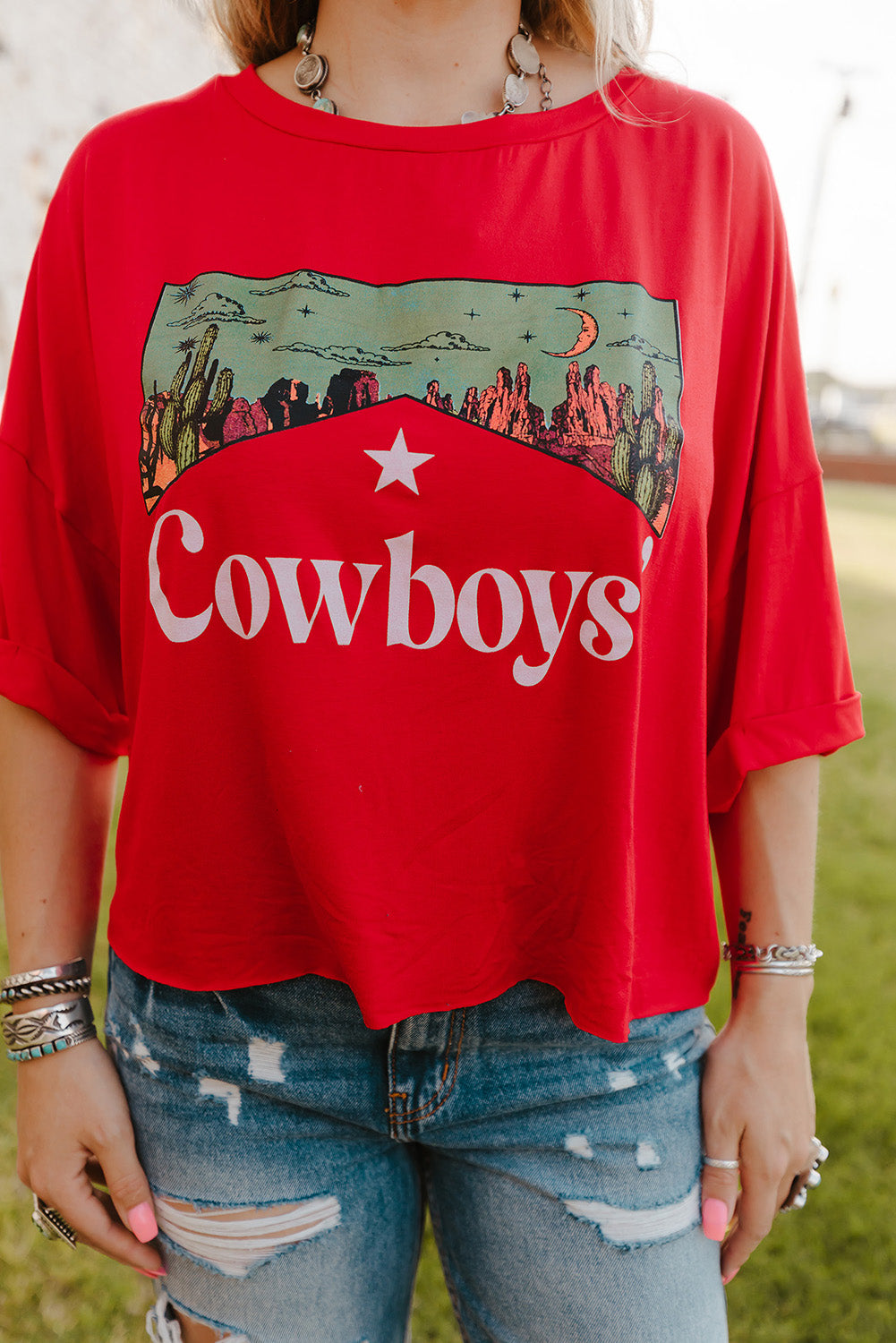 Red Cowboys Graphic Crew Neck Short Sleeve Tops