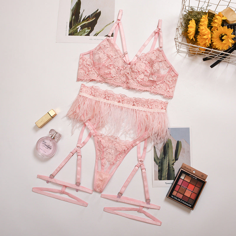 Popular Complex Craft Lace Feather Lace Embroidered Underwear Criss Cross Three-Piece Set for Women