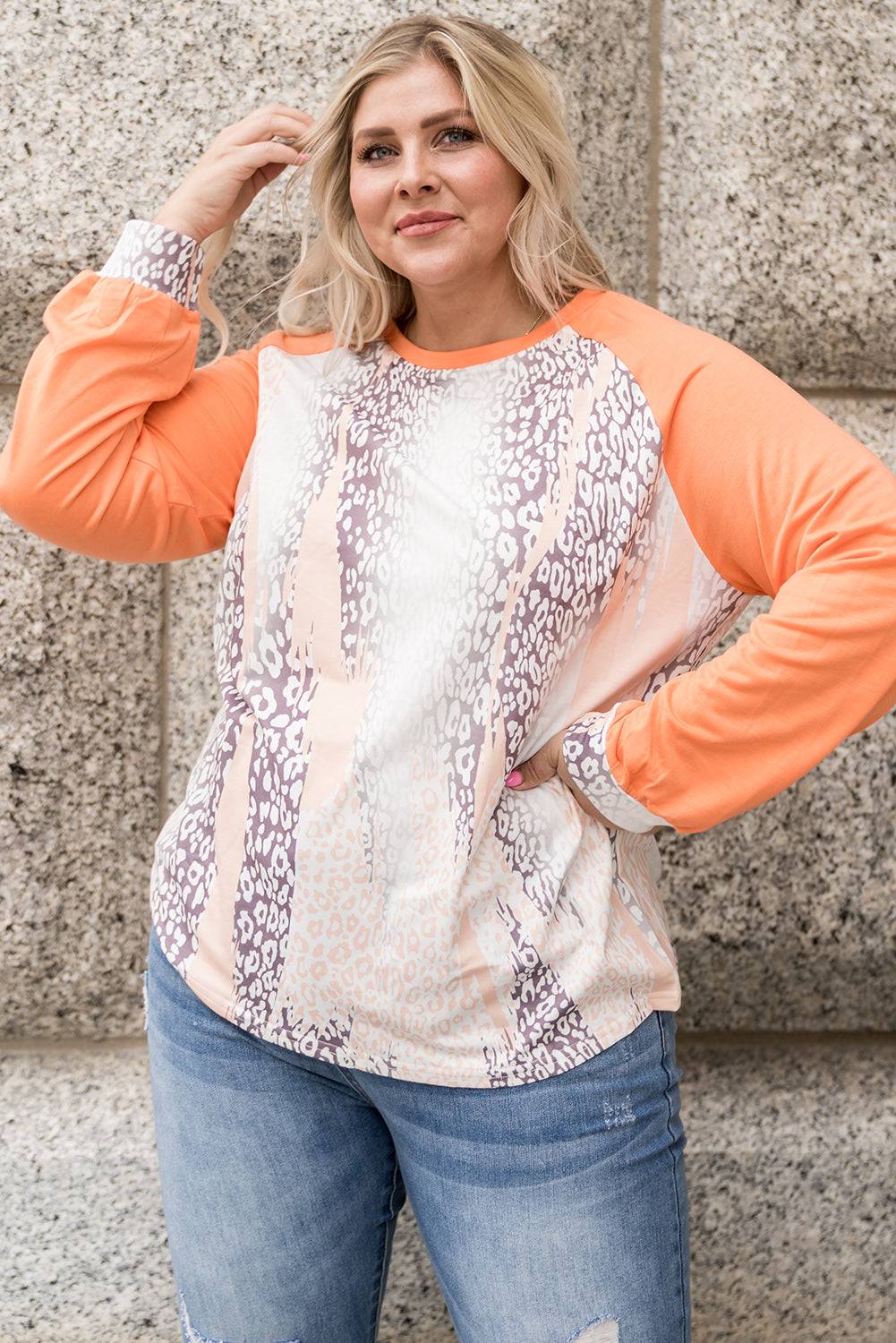 Orange Snakeskin Print Raglan Long Sleeve Plus Size Top