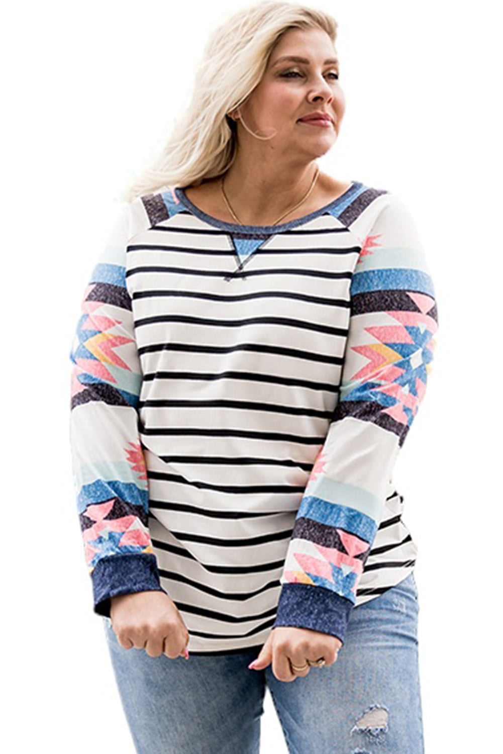 White Aztec Sleeve Striped Raglan Plus Size Top