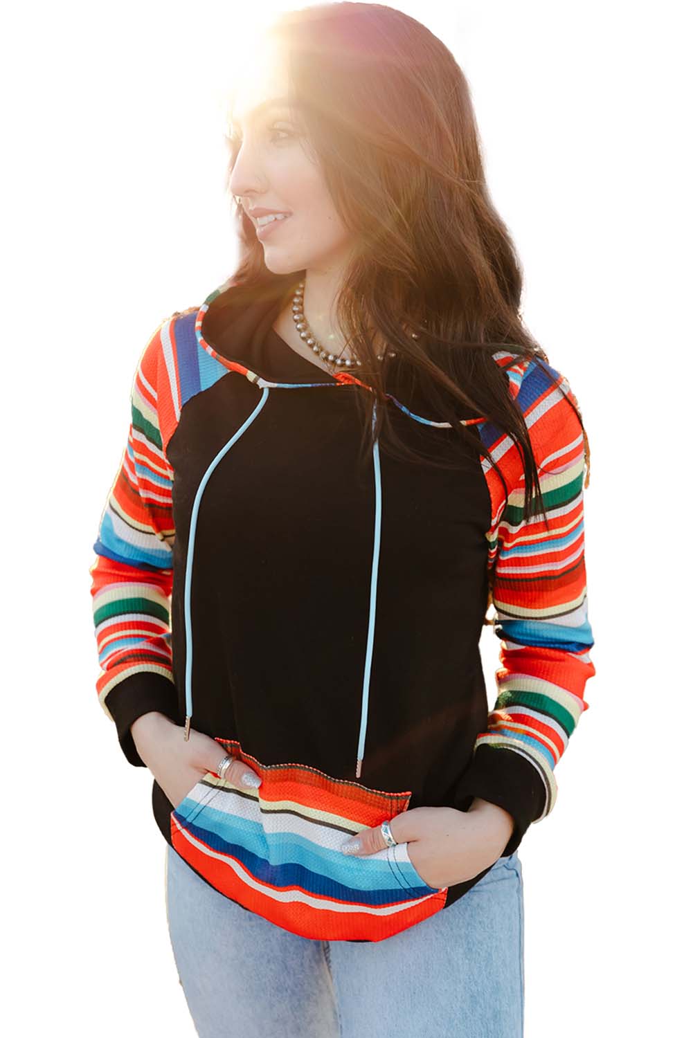 Multicolor Colorful Striped Patchwork Kangaroo Pocket Hoodie