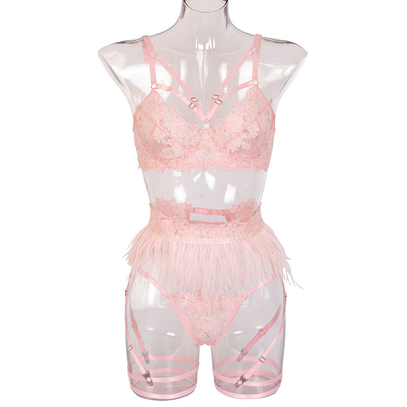 Popular Complex Craft Lace Feather Lace Embroidered Underwear Criss Cross Three-Piece Set for Women
