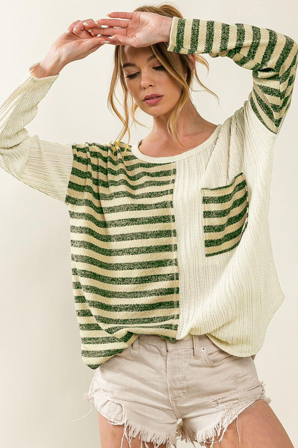 Khaki Striped Patch Textured Long Sleeve Top