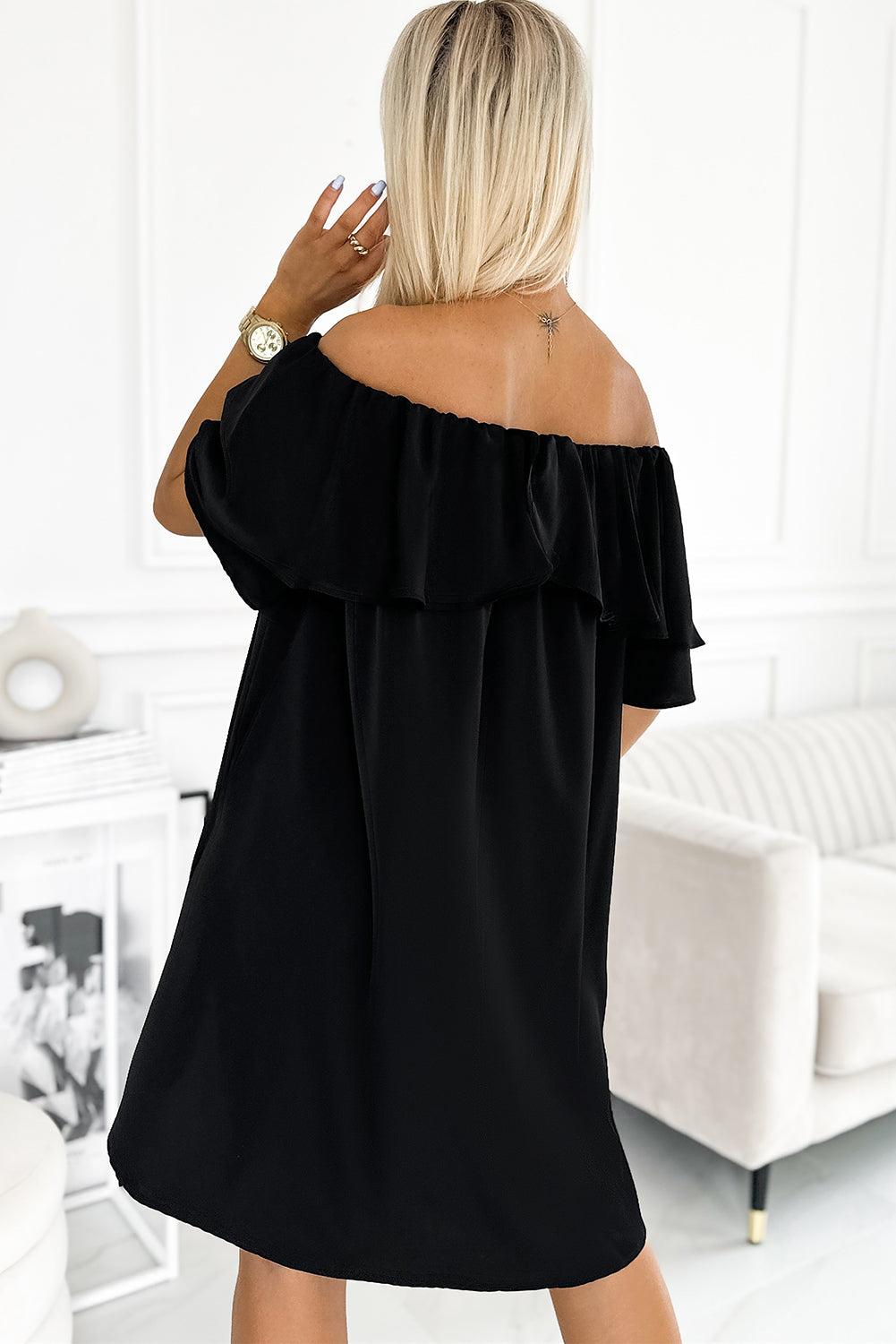 Black Off The Shoulder Ruffle Casual Shift Dress