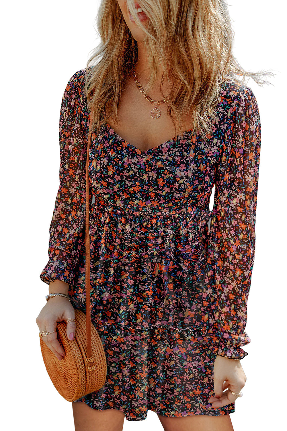 Black  V Neck Bubble Sleeve Floral Blouse