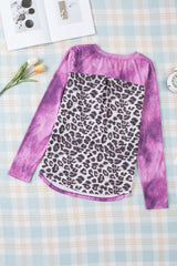 Rose Tie Dye Leopard Patchwork Pocket V Neck Top