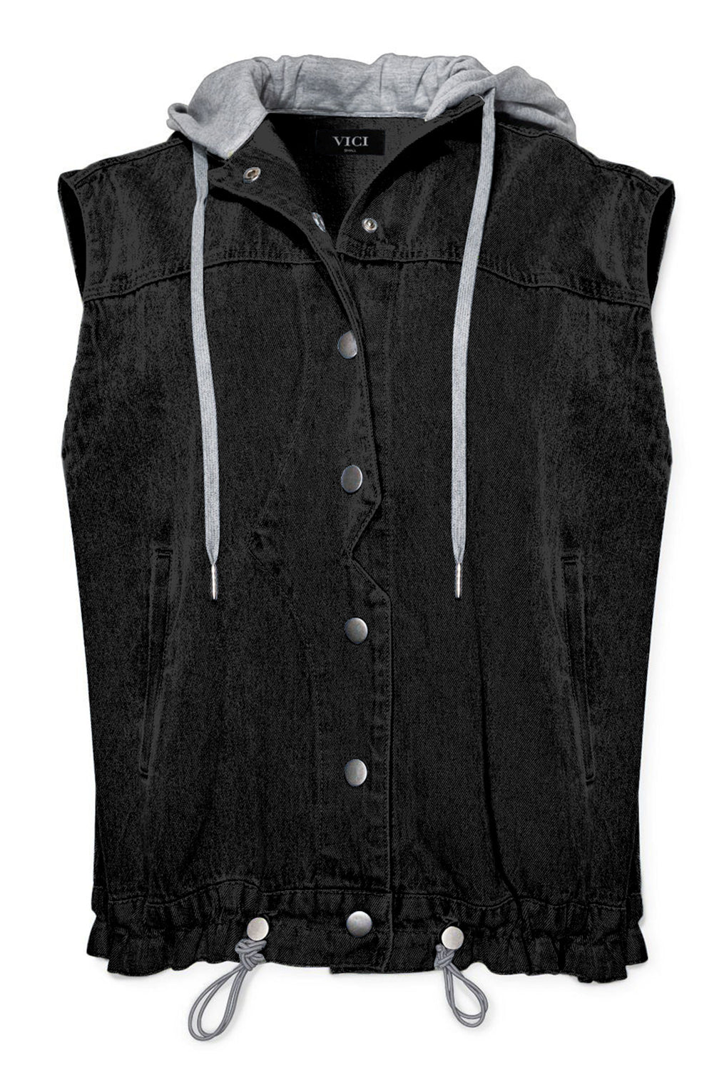 Black Solid Color Hooded Denim Vest Jacket