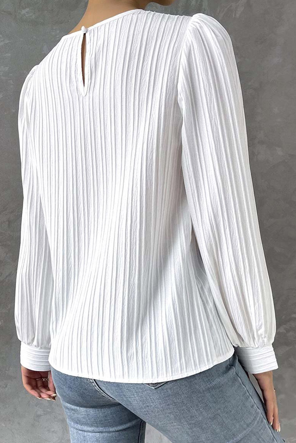 White Ribbed Crewneck Puff Long Sleeve Top