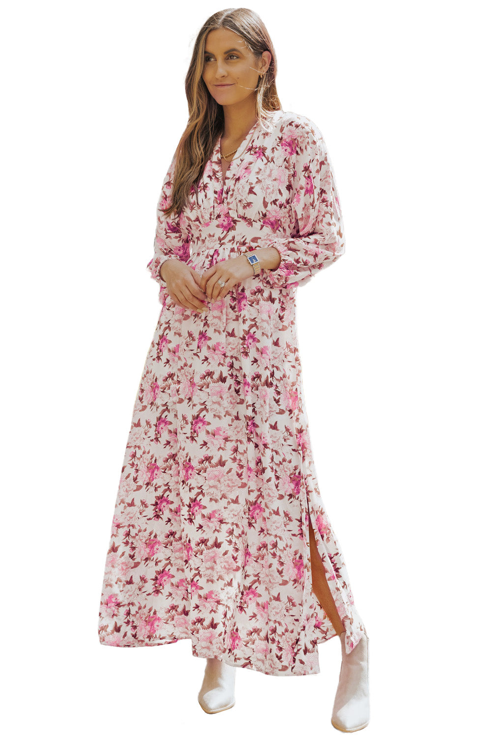 Purple Deep V Neck Ruched High Waist Floral Maxi Dress