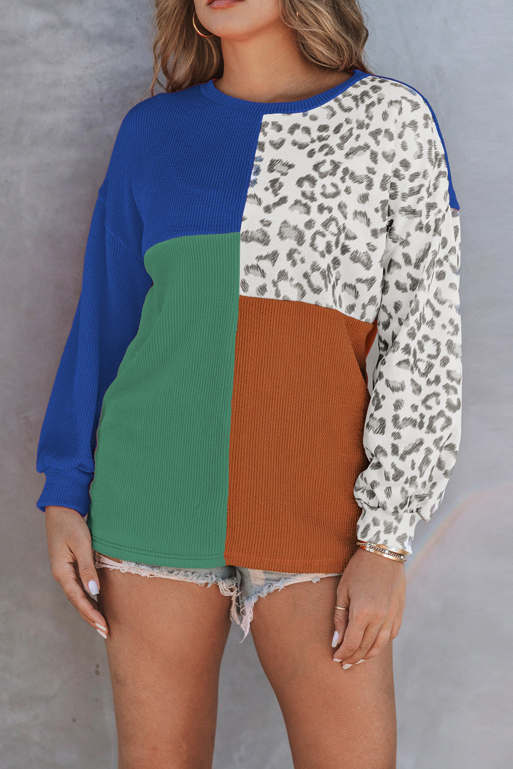 Rose Leopard Patchwork Color Block Ribbed Long Sleeve Top