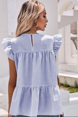 Sky Blue Striped Print Flutter Sleeve Gathered Top