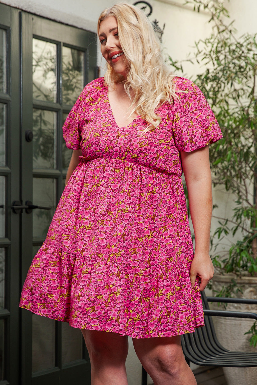 Khaki Floral Print Tiered Flutter Sleeve V Neck Top