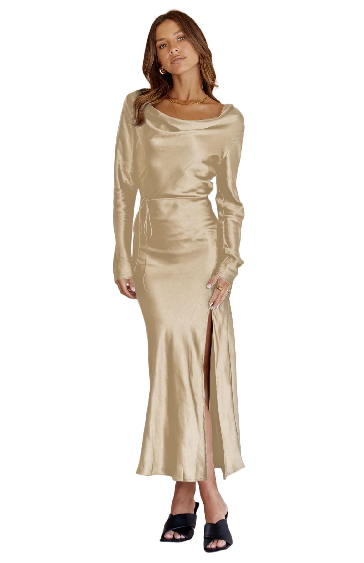 Black Drape Neck Tie Waist Long Sleeve Slit Dress