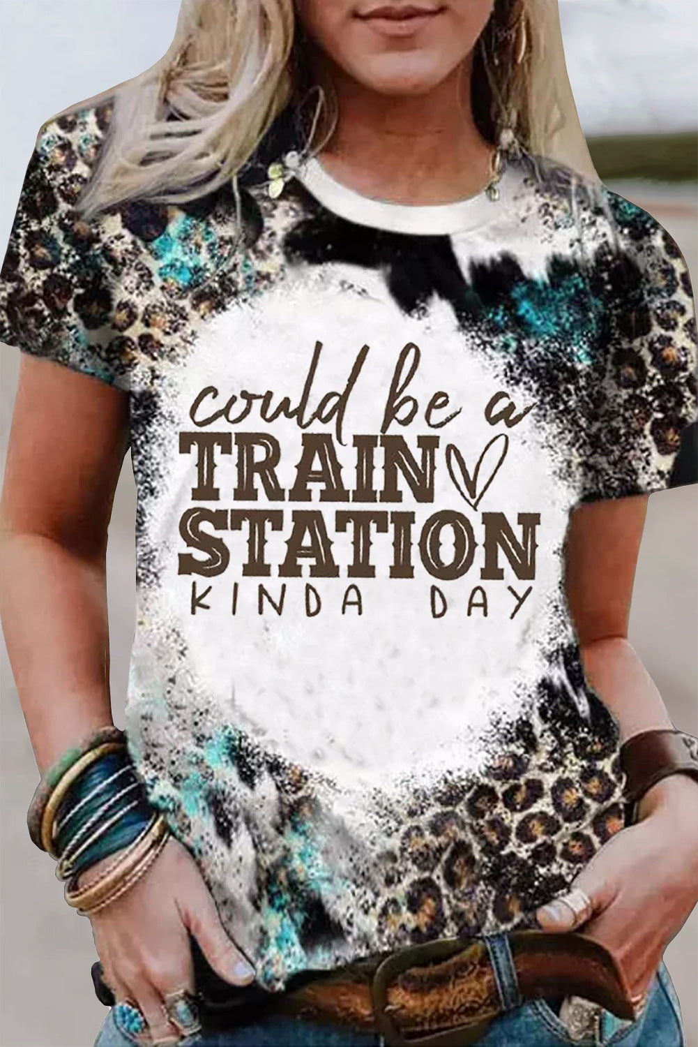 Brown TRAIN STATION Graphic Leopard Print T Shirt