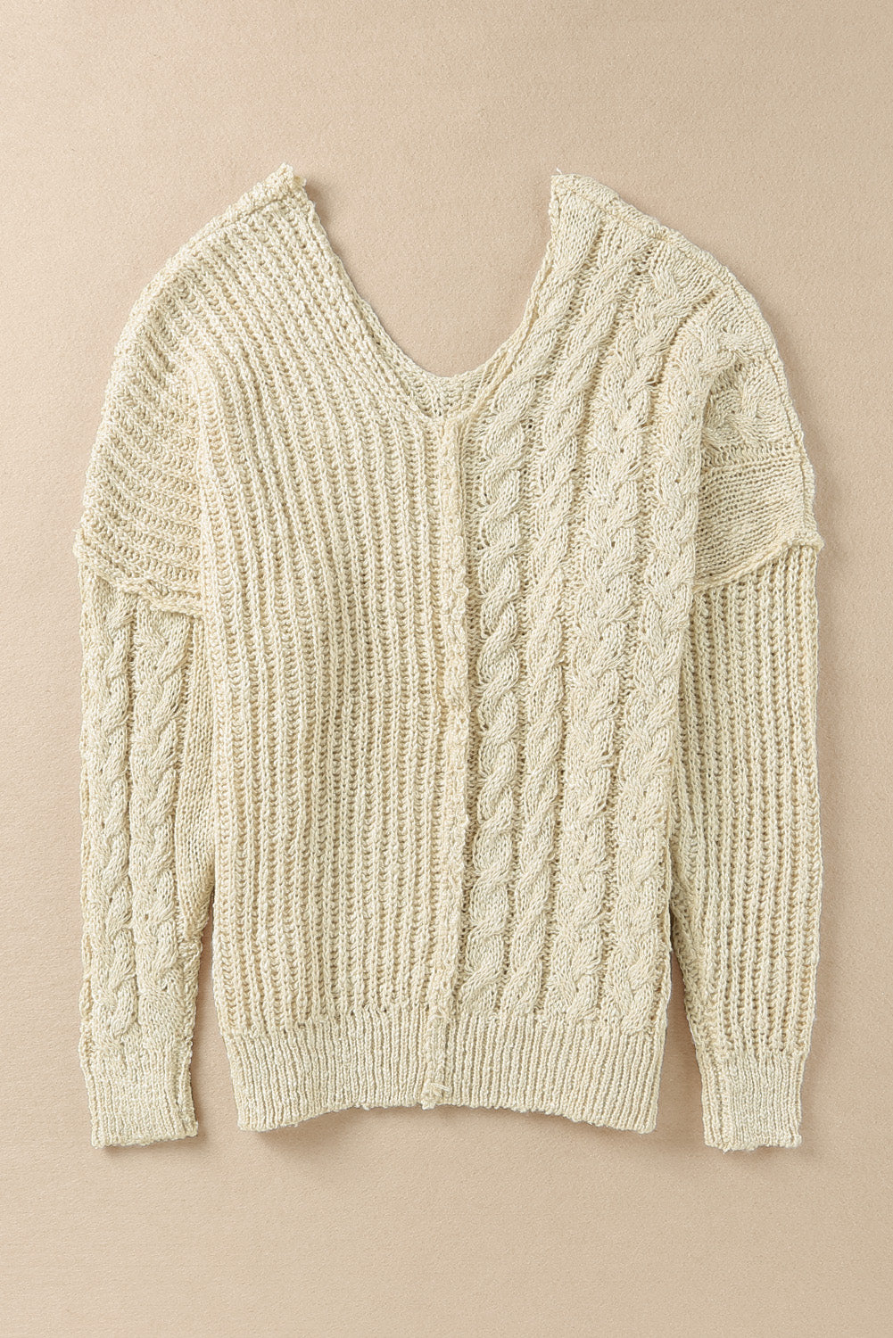 Beige V Neck Loose Knit Sweater