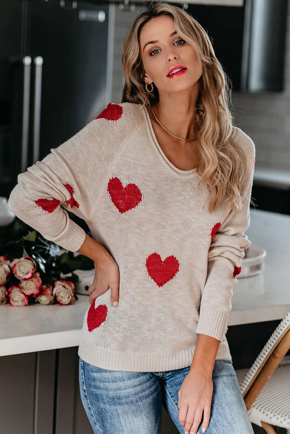 Red Heart Pattern V Neck Knit Sweater