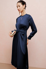 Blue Twist Front Tie Back Long Sleeve Satin Dress